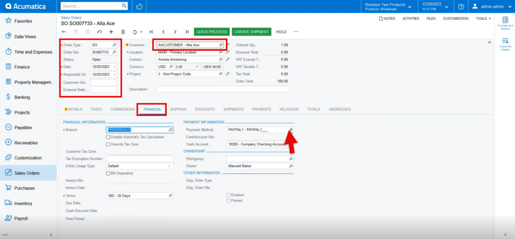 Sales Order payments tab